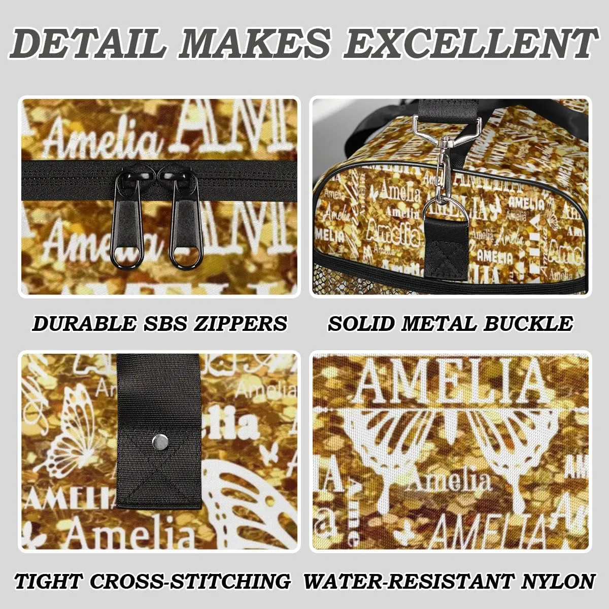 Custom Travel Duffel Bag with Name Butterfly, Personalized Gym Bag for Women, Custom Sport Tote Bags for Dance Cheer, Overnight Weekender Bags, Dark Gold Glitter