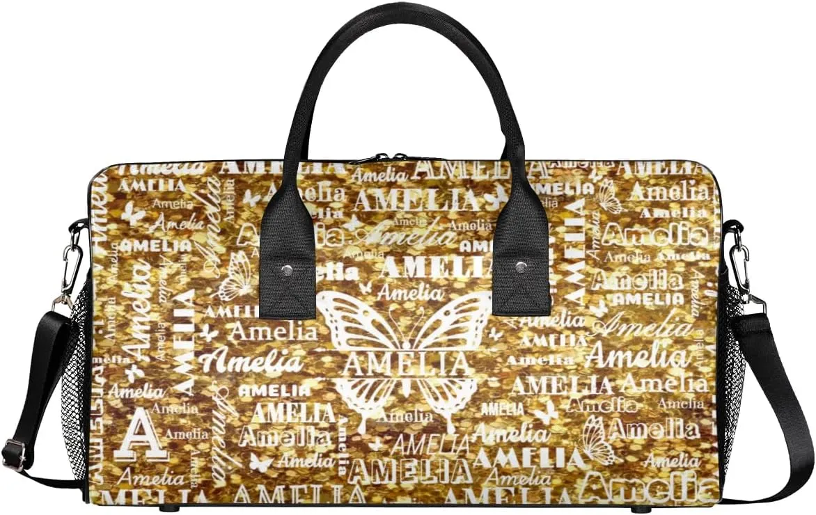 Custom Travel Duffel Bag with Name Butterfly, Personalized Gym Bag for Women, Custom Sport Tote Bags for Dance Cheer, Overnight Weekender Bags, Dark Gold Glitter