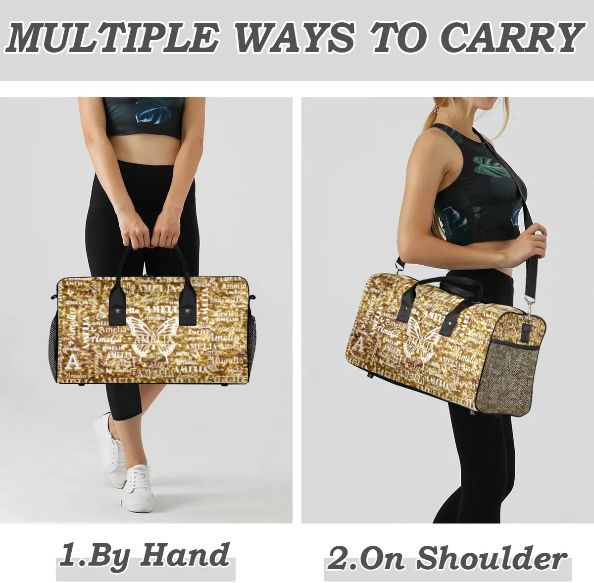 Custom Travel Duffel Bag with Name Butterfly, Personalized Gym Bag for Women, Custom Sport Tote Bags for Dance Cheer, Overnight Weekender Bags, Dark Gold Glitter
