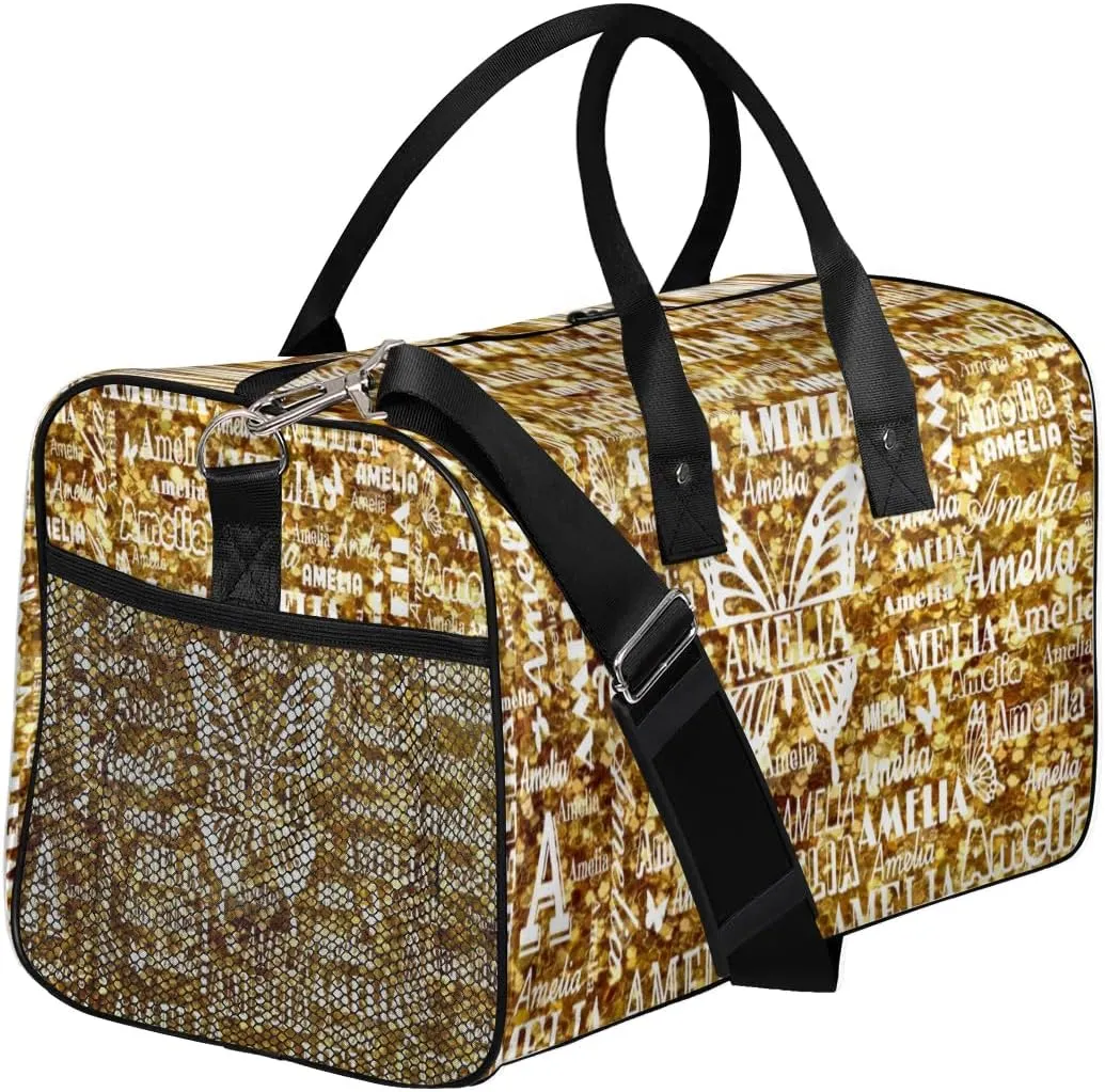 Custom Travel Duffel Bag with Name Butterfly, Personalized Gym Bag for Women, Custom Sport Tote Bags for Dance Cheer, Overnight Weekender Bags, Dark Gold Glitter