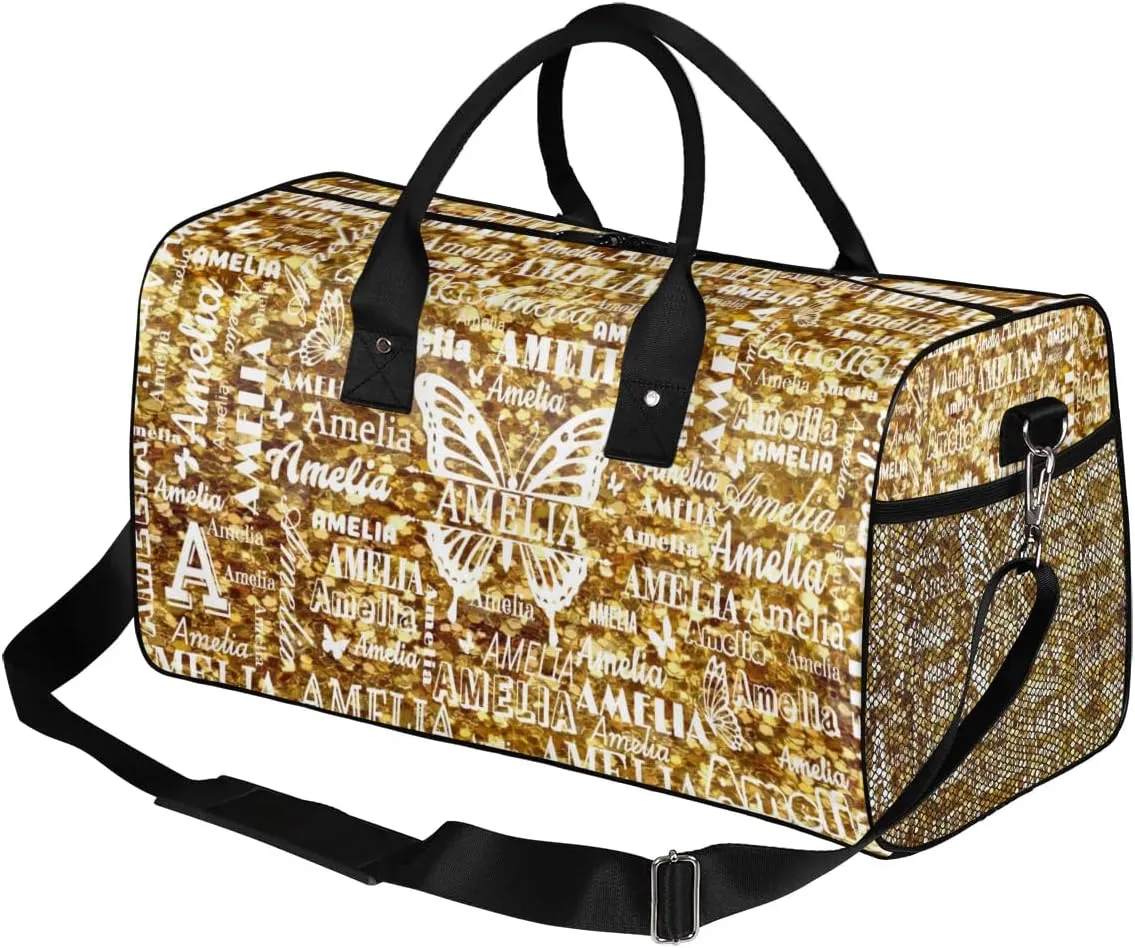 Custom Travel Duffel Bag with Name Butterfly, Personalized Gym Bag for Women, Custom Sport Tote Bags for Dance Cheer, Overnight Weekender Bags, Dark Gold Glitter