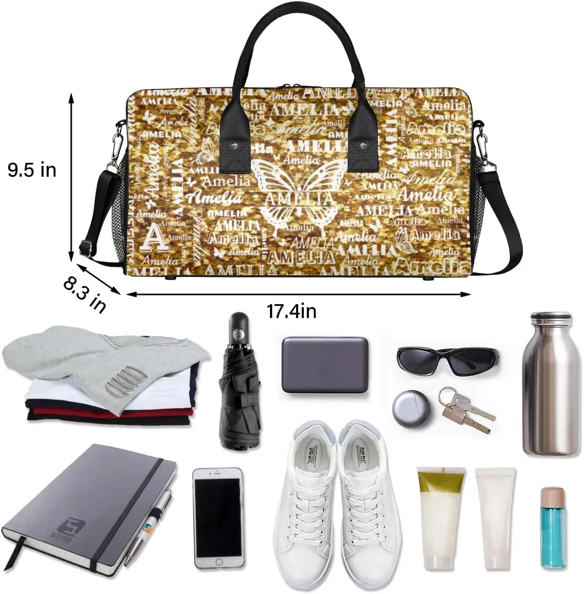 Custom Travel Duffel Bag with Name Butterfly, Personalized Gym Bag for Women, Custom Sport Tote Bags for Dance Cheer, Overnight Weekender Bags, Dark Gold Glitter