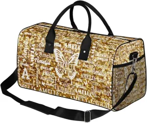 Custom Travel Duffel Bag with Name Butterfly, Personalized Gym Bag for Women, Custom Sport Tote Bags for Dance Cheer, Overnight Weekender Bags, Dark Gold Glitter