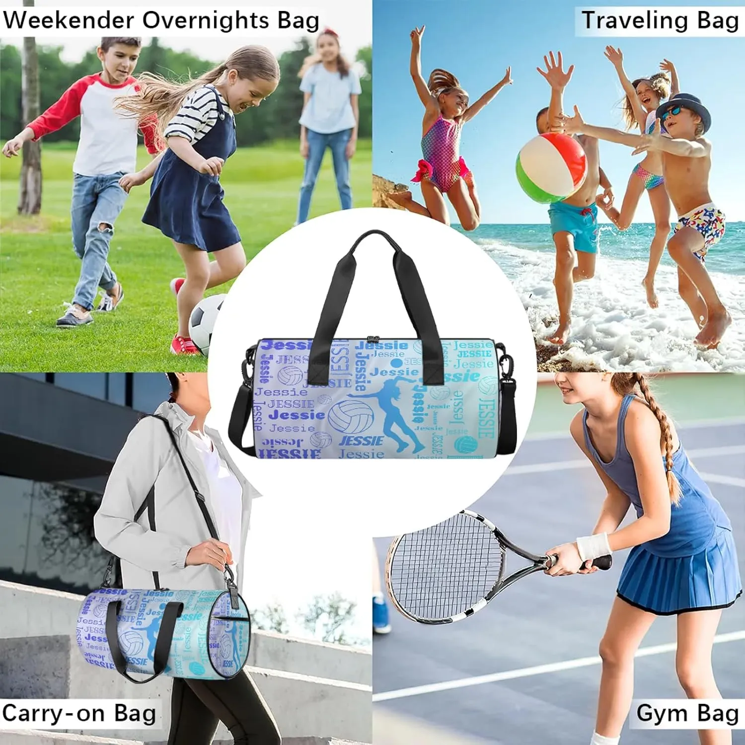 Custom Volleyball Sport Bags Personalized Sports Gym Bag with Name Overnight Weekender Duffel Bag Customized Gifts for Women Men, Multi Blue