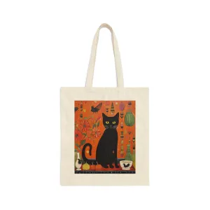 Cute Black Cat Halloween Cotton Canvas Tote Bag
