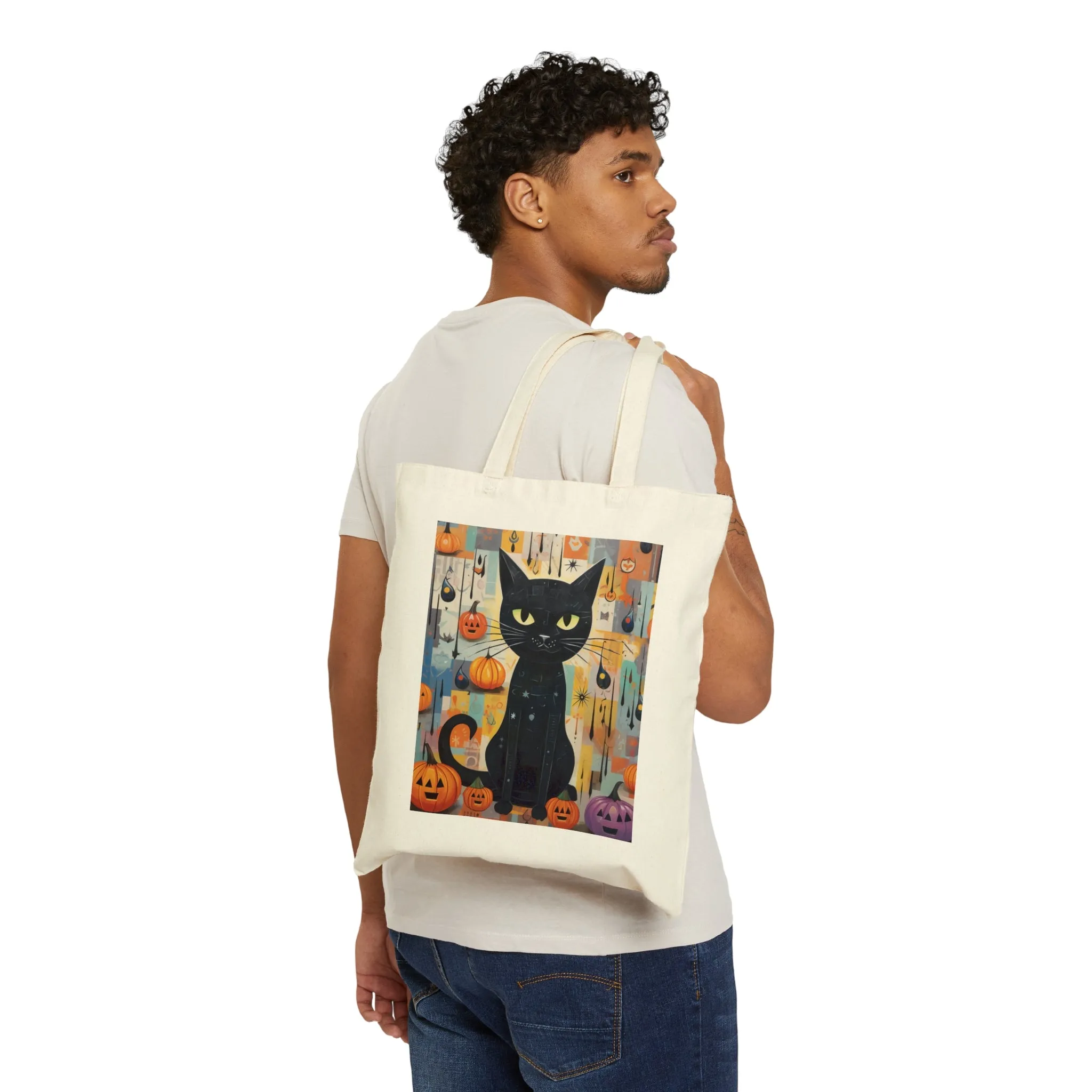 Cute Black Cat Halloween Cotton Canvas Tote Bag