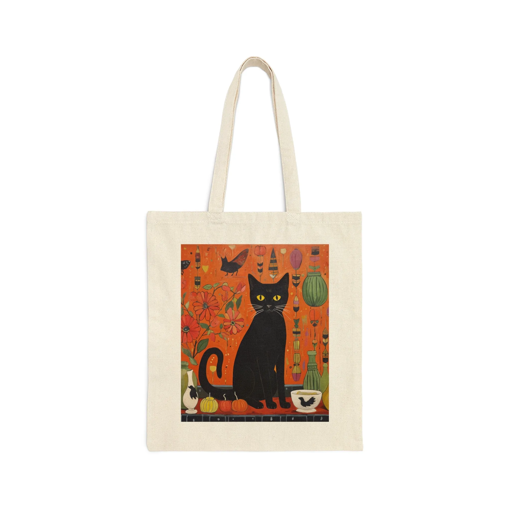 Cute Black Cat Halloween Cotton Canvas Tote Bag