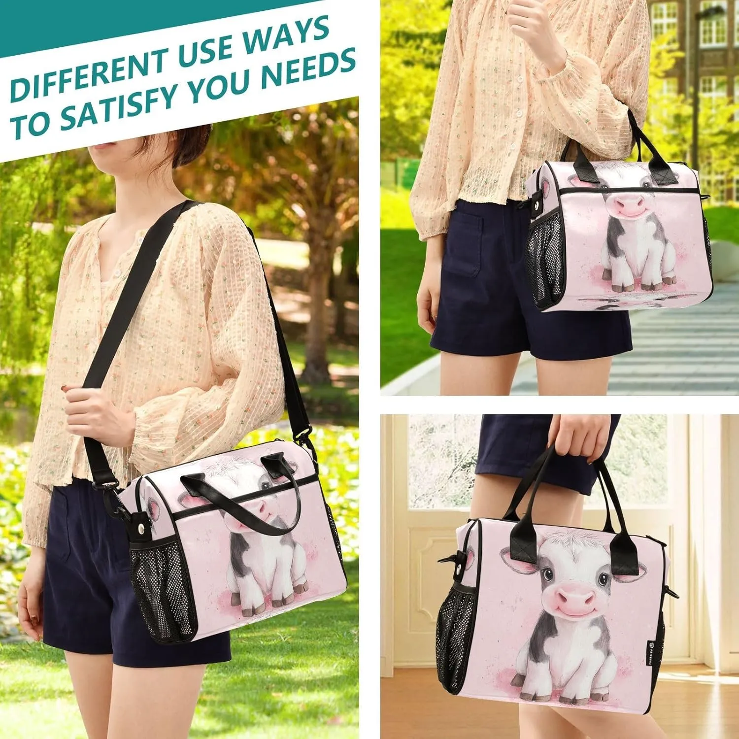 Cute Calf Pink Lunch Bag for Women Insulated Lunch Box Container with Adjustable Shoulder Strap for Adults Picnic S