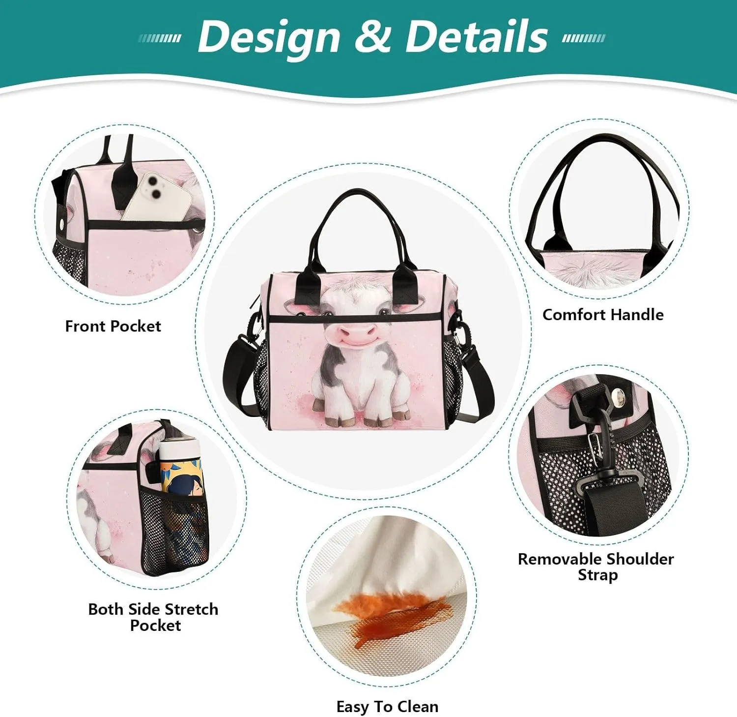 Cute Calf Pink Lunch Bag for Women Insulated Lunch Box Container with Adjustable Shoulder Strap for Adults Picnic S