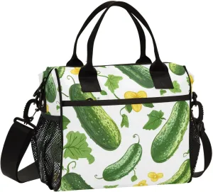 Cute Cucumbers with Flower Lunch Bag Reusable Lunch Box for Office Picnic Hiking Beach, Insulated Cooler Tote Food Container with Adjustable Shoulder Strap for Men Women Adults
