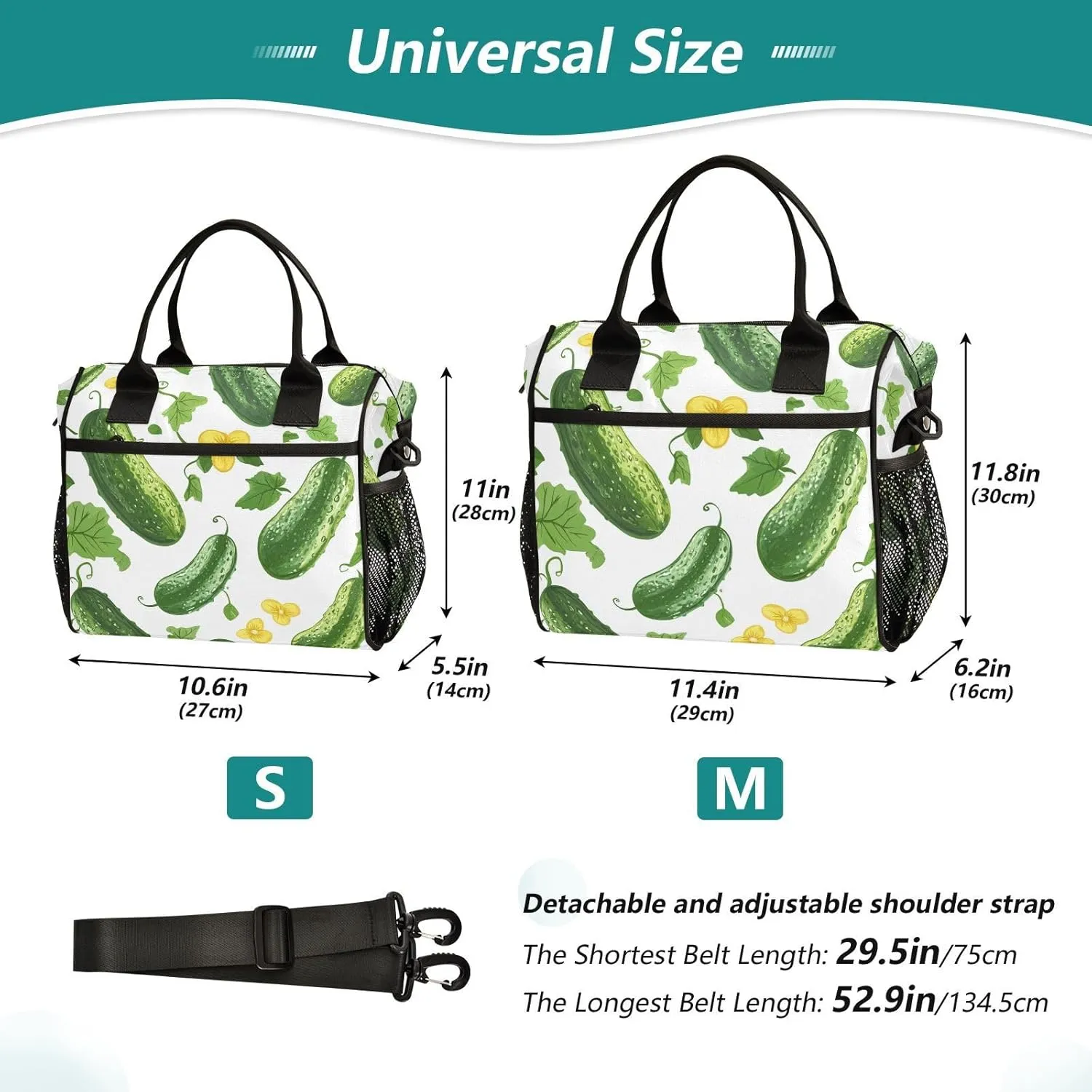 Cute Cucumbers with Flower Lunch Bag Reusable Lunch Box for Office Picnic Hiking Beach, Insulated Cooler Tote Food Container with Adjustable Shoulder Strap for Men Women Adults