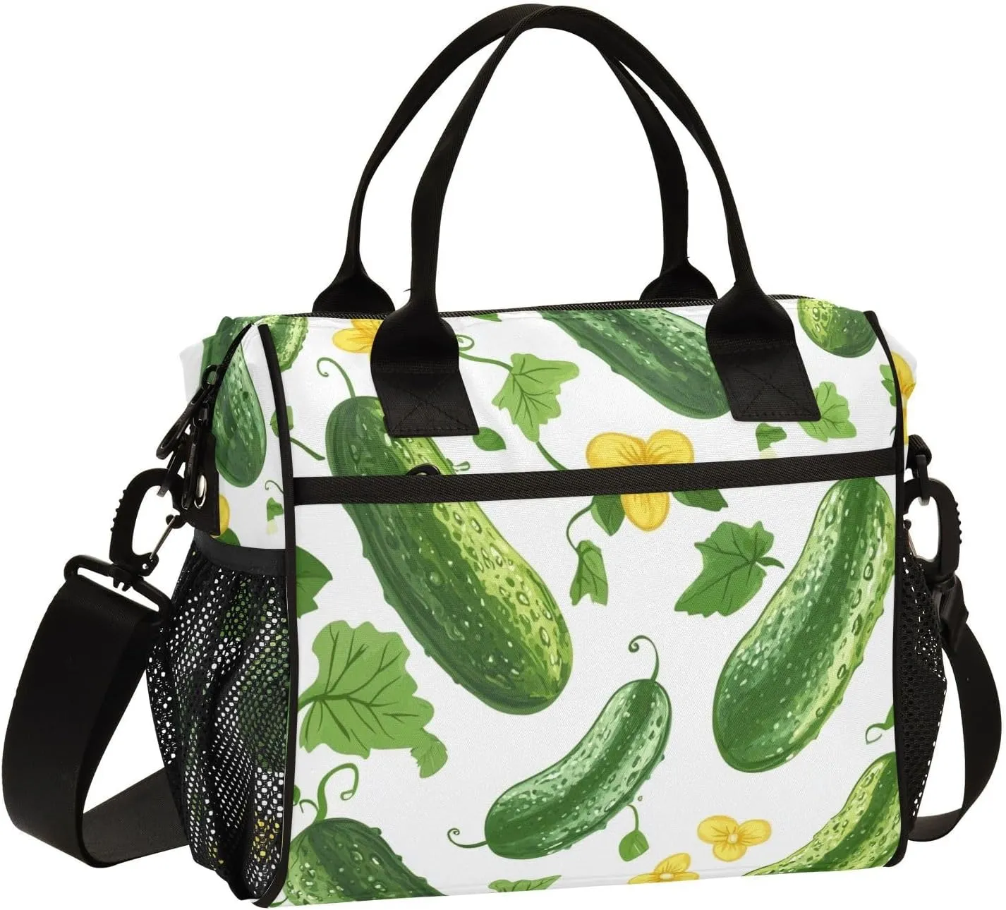 Cute Cucumbers with Flower Lunch Bag Reusable Lunch Box for Office Picnic Hiking Beach, Insulated Cooler Tote Food Container with Adjustable Shoulder Strap for Men Women Adults