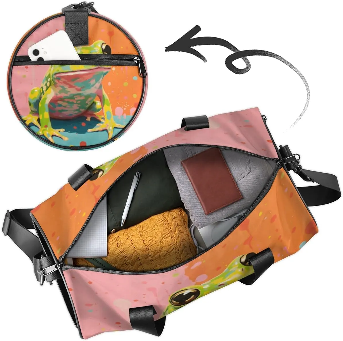 Cute Dance Bag Sport Duffel Gymnastics Sport Bags Custom Ballet Bag Overnight Weekender Bag Waterproof Pattern, Frog Animal