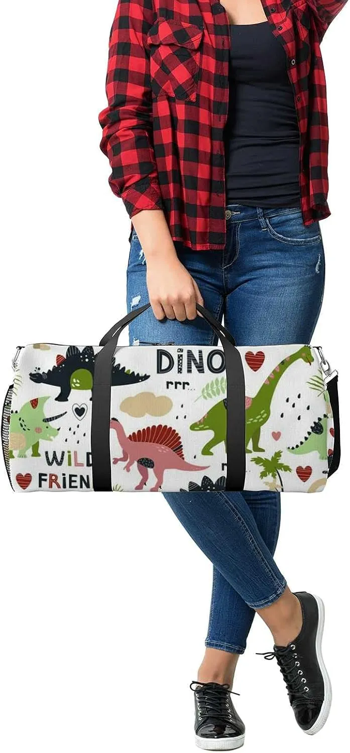 Cute Dinosaurs Sports Duffel Bag Travel Gym Tote Bags Lightweight Durable Shoulder Strap Waterproof Polyester Outside Mesh Pocket Overnight Trip Duffel Bag for Women Men