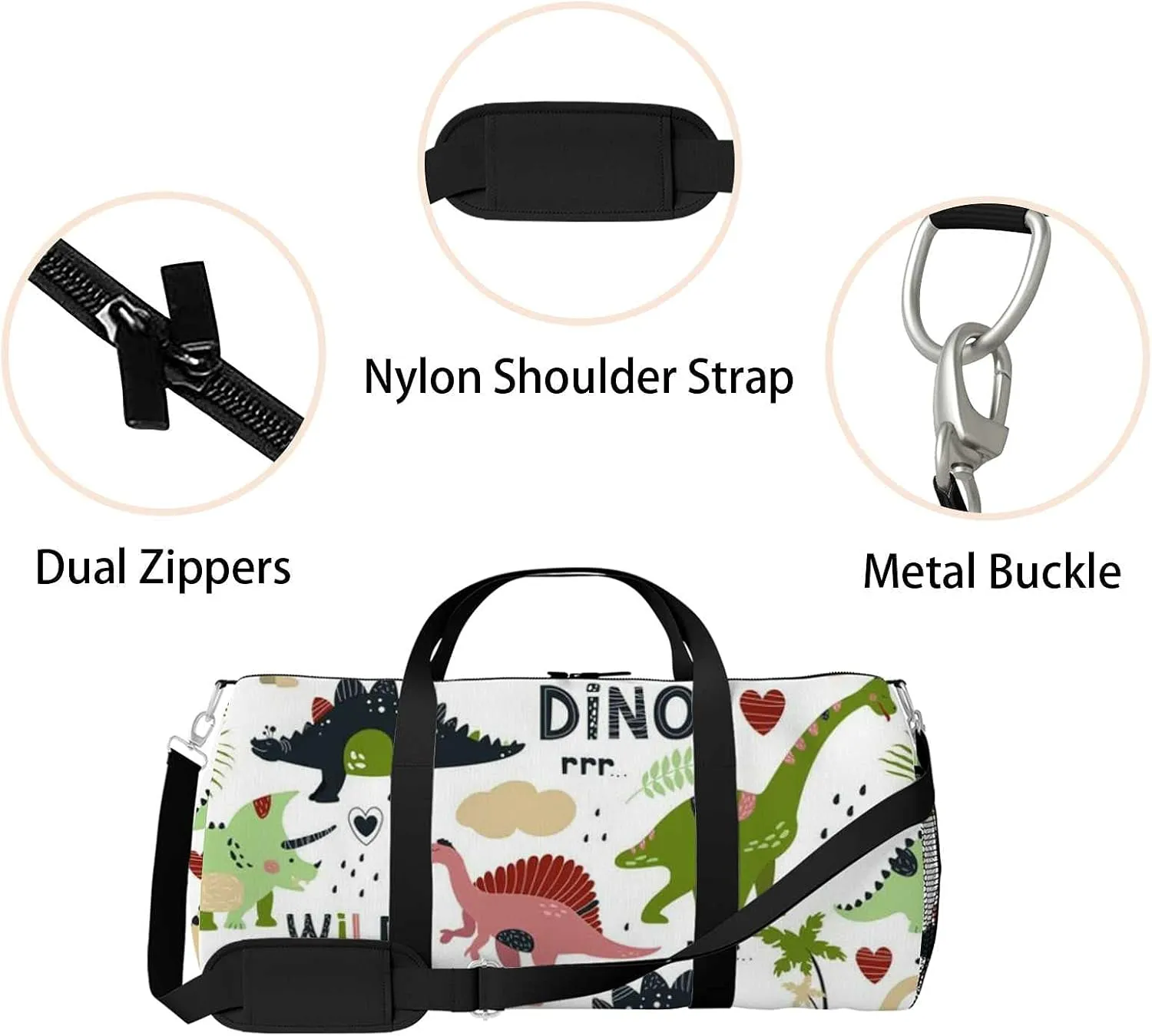 Cute Dinosaurs Sports Duffel Bag Travel Gym Tote Bags Lightweight Durable Shoulder Strap Waterproof Polyester Outside Mesh Pocket Overnight Trip Duffel Bag for Women Men