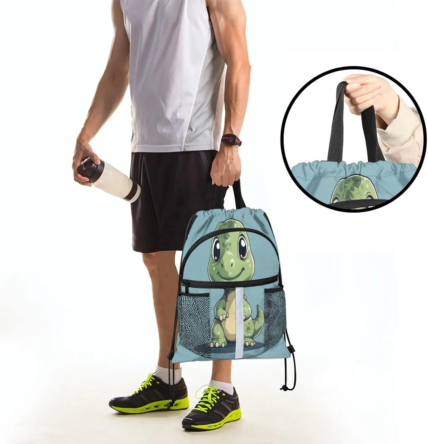 Cute Drawstring Backpack Waterproof Dinosaur Small String Bags Sackpack for Sports, Gym, Travel, Swimming, Beach