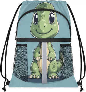 Cute Drawstring Backpack Waterproof Dinosaur Small String Bags Sackpack for Sports, Gym, Travel, Swimming, Beach