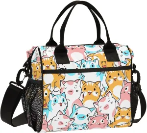 Cute Kawaii Cats Lunch Bag Reusable Lunch Box for Office Picnic Hiking Beach, Insulated Cooler Tote Food Container with Adjustable Shoulder Strap for Men Women Adults