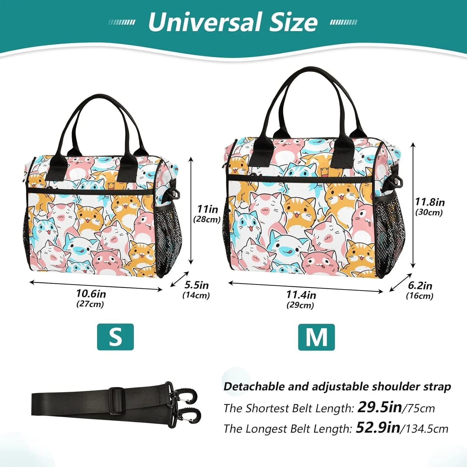 Cute Kawaii Cats Lunch Bag Reusable Lunch Box for Office Picnic Hiking Beach, Insulated Cooler Tote Food Container with Adjustable Shoulder Strap for Men Women Adults