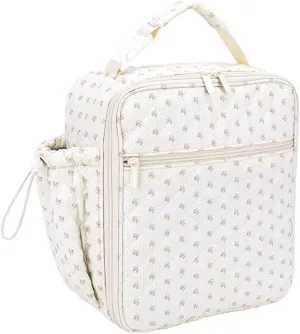 Cute Lunch Box for Women Floral Quilted Lunch Bag with Side Bottle Pocket Coquette Insulated Lunch Bag for Work Picnic