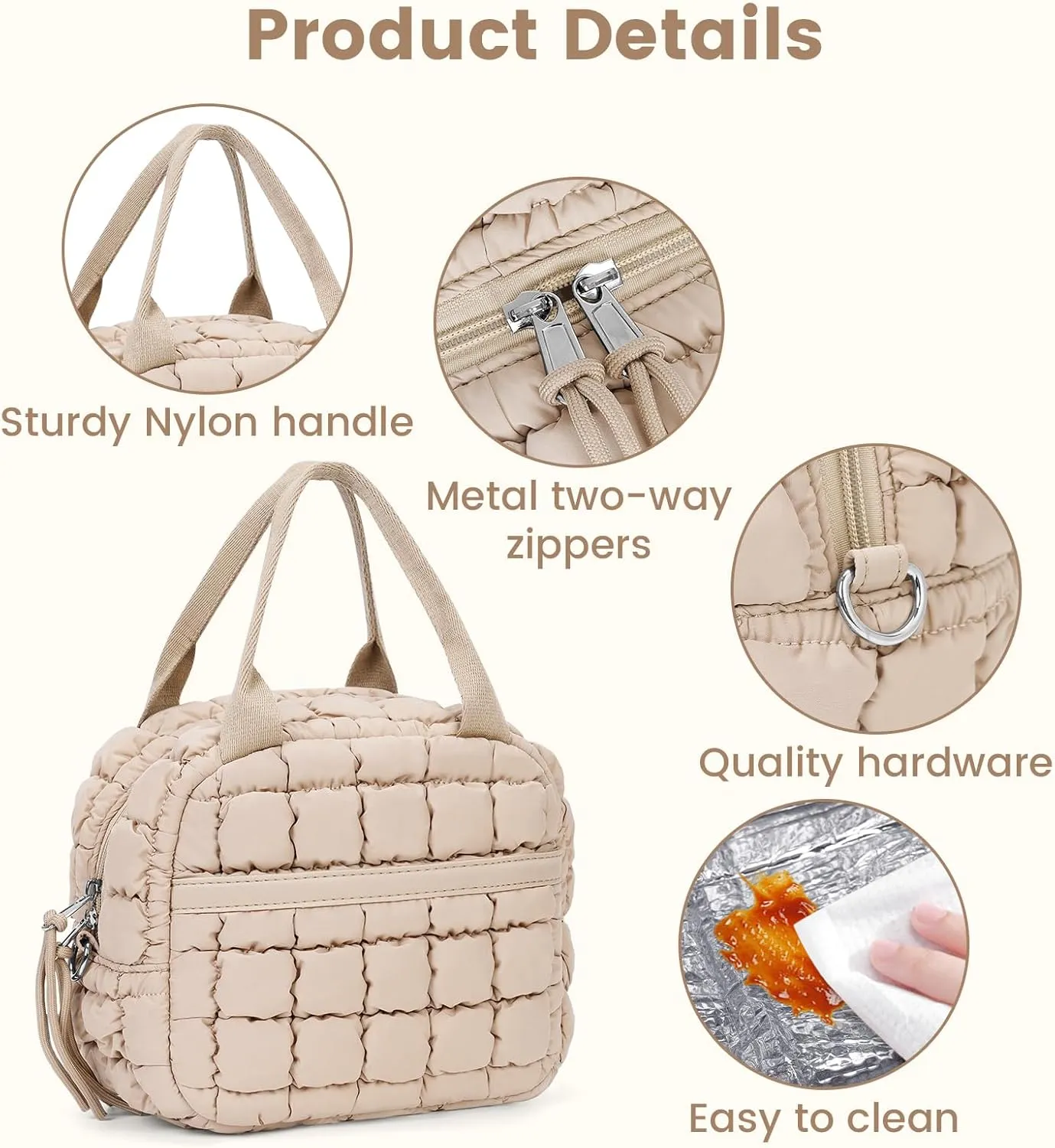 Cute Lunch Box for Women Quilted Lunch Tote Bag Puffer Lunch Bag with Front Pocket Insulated Lunch Bag for Office Work, Beige