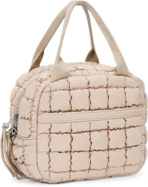 Cute Lunch Box for Women Quilted Lunch Tote Bag Puffer Lunch Bag with Front Pocket Insulated Lunch Bag for Office Work, Beige