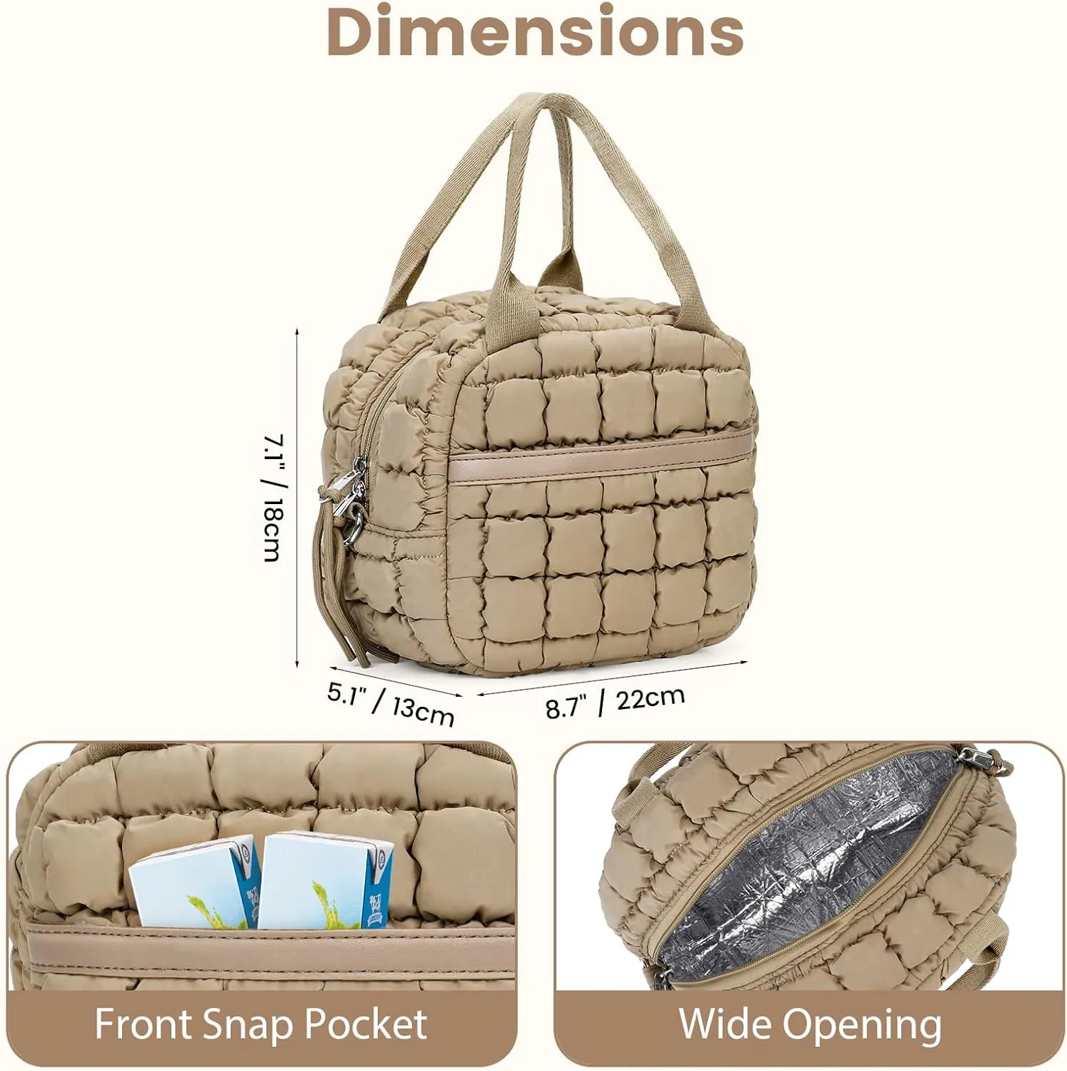 Cute Lunch Box for Women Quilted Lunch Tote Bag Puffer Lunch Bag with Front Pocket Insulated Lunch Bag for Office Work, Khaki