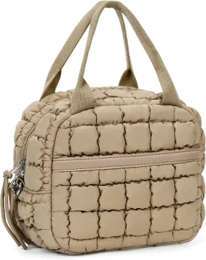 Cute Lunch Box for Women Quilted Lunch Tote Bag Puffer Lunch Bag with Front Pocket Insulated Lunch Bag for Office Work, Khaki