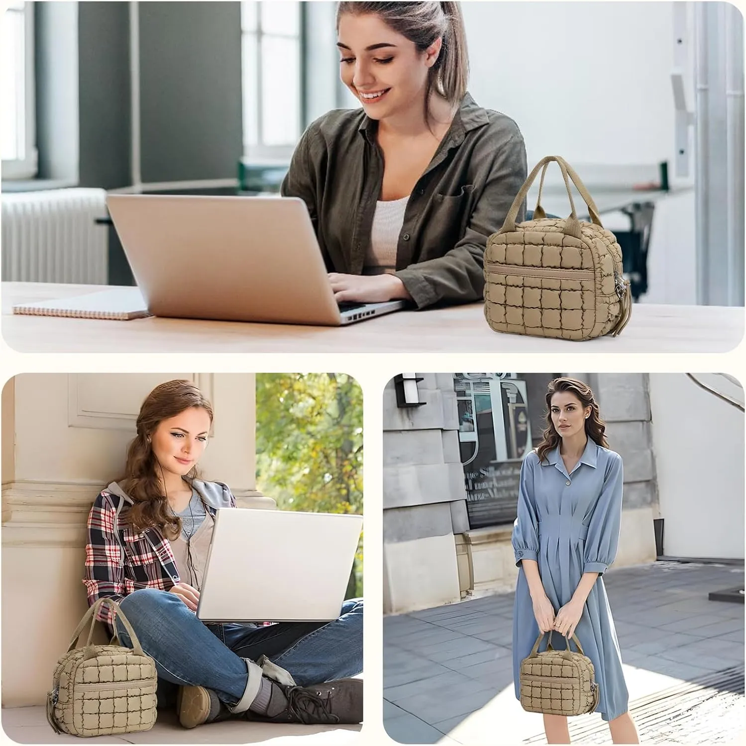 Cute Lunch Box for Women Quilted Lunch Tote Bag Puffer Lunch Bag with Front Pocket Insulated Lunch Bag for Office Work, Khaki