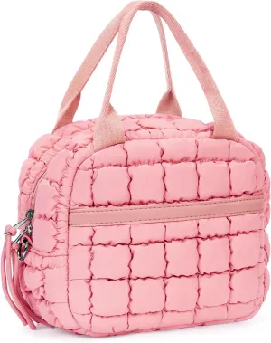 Cute Lunch Box for Women Quilted Lunch Tote Bag Puffer Lunch Bag with Front Pocket Insulated Lunch Bag for Office Work, Pink
