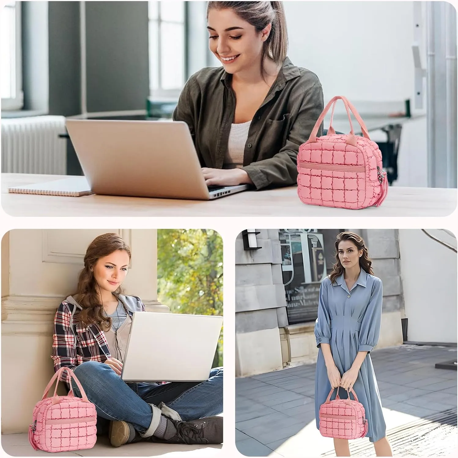 Cute Lunch Box for Women Quilted Lunch Tote Bag Puffer Lunch Bag with Front Pocket Insulated Lunch Bag for Office Work, Pink