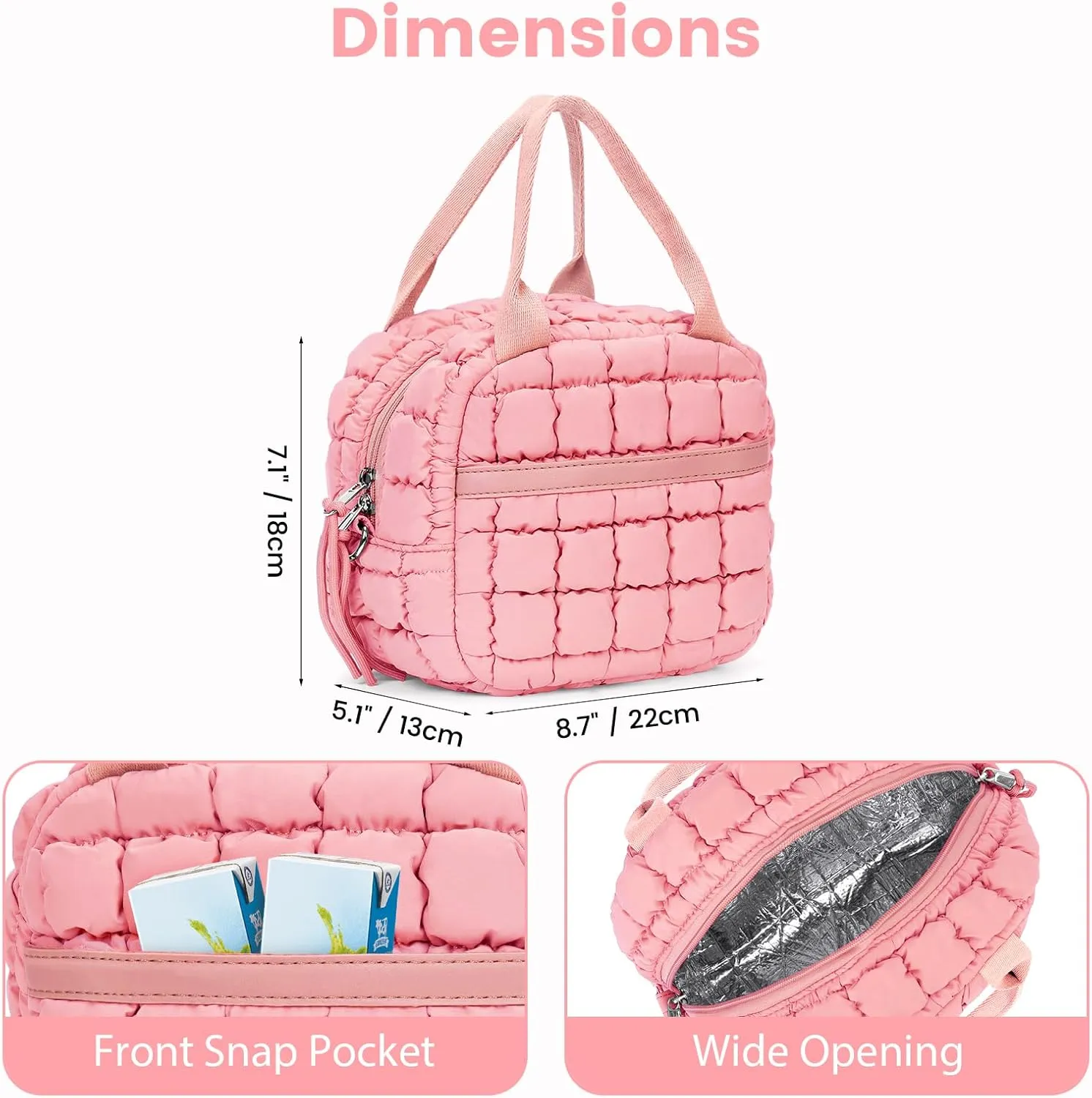 Cute Lunch Box for Women Quilted Lunch Tote Bag Puffer Lunch Bag with Front Pocket Insulated Lunch Bag for Office Work, Pink