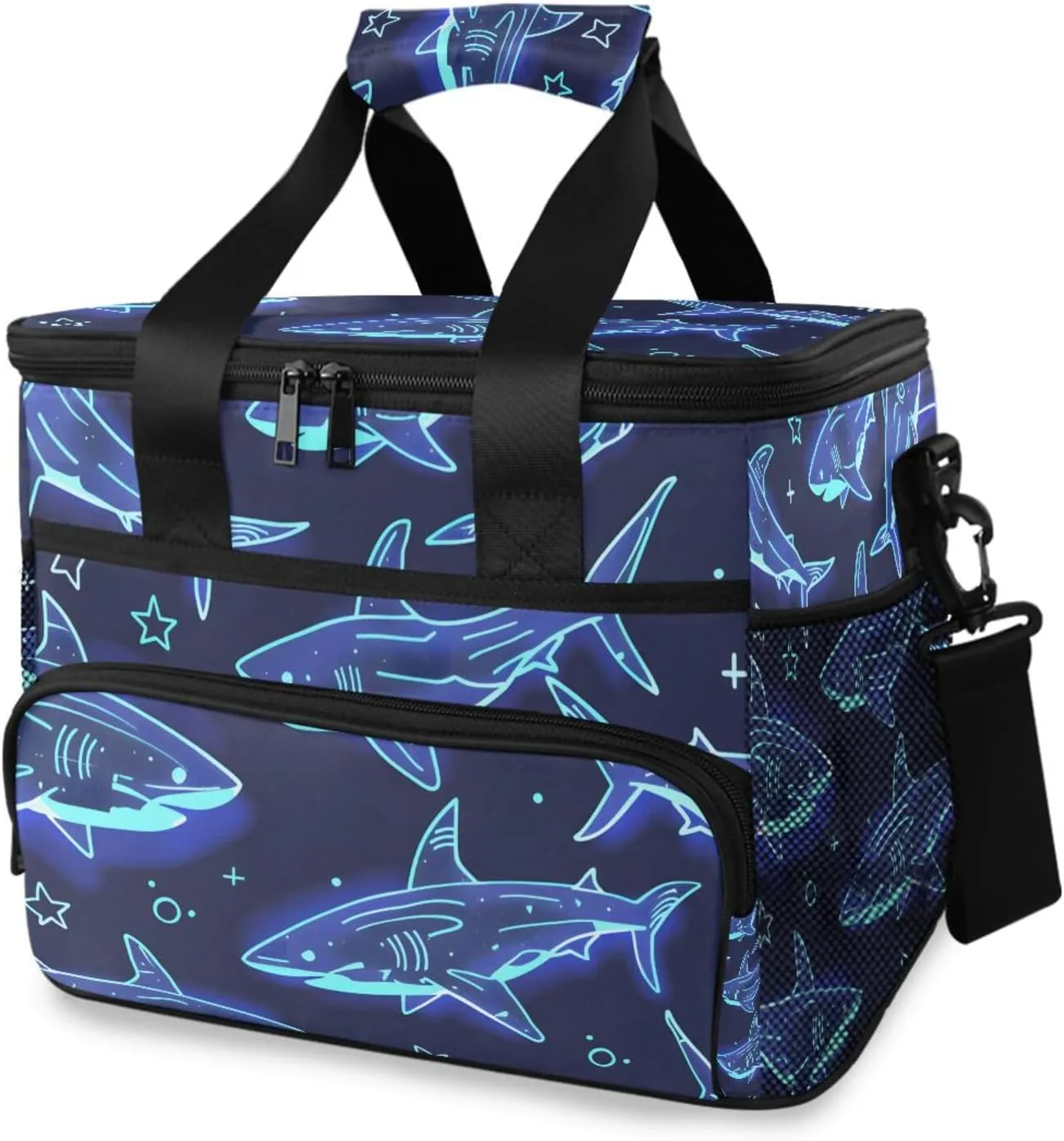 Cute Sharks Blue Cooler Bag Insulated Cooler Soft Sided Cooler 24 Can Portable Picnic Bag Large Leakproof Lunch Bag Box for Beach Grocery Camping Travel Car Men Women