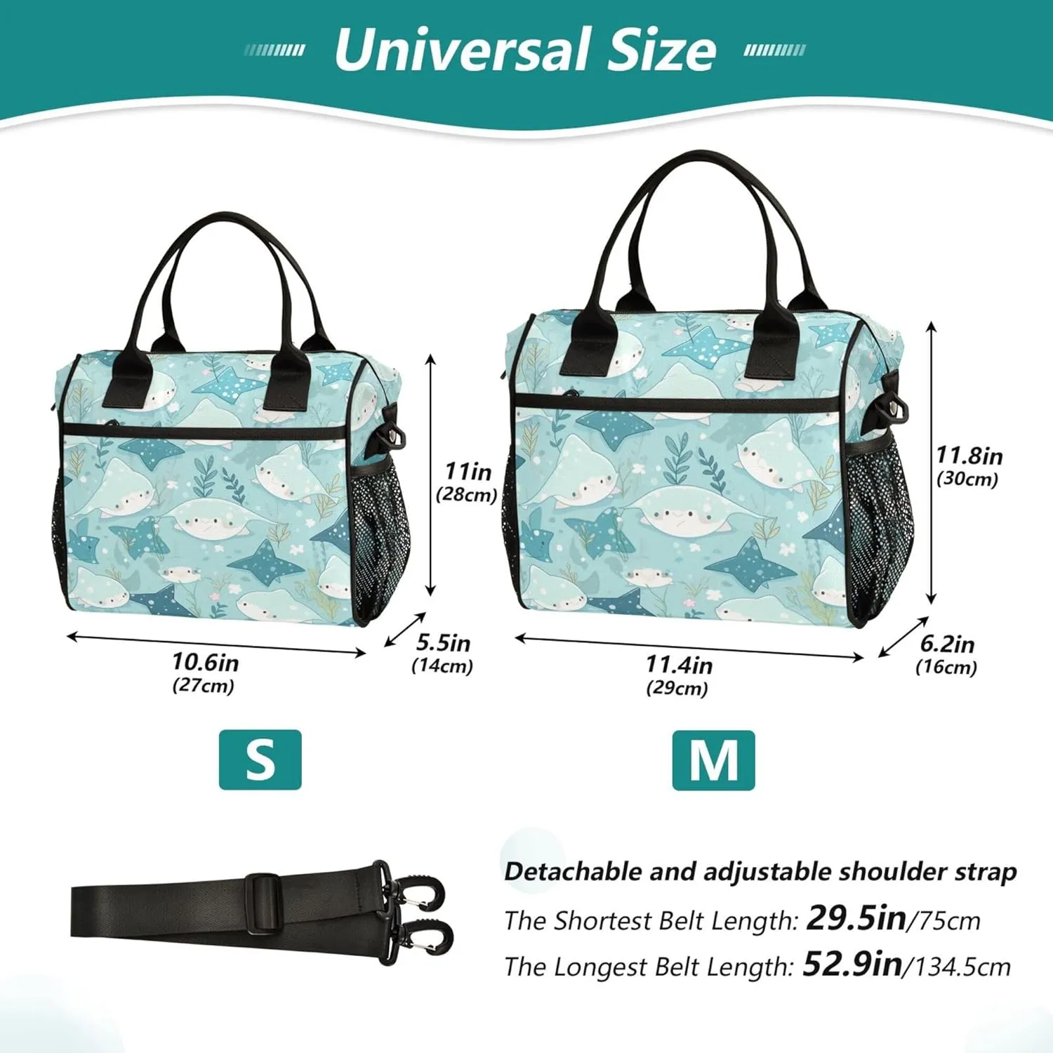 Cute Stingray Fish Large Lunch Tote Bag Insulated Lunch Boxes with Adjustable Shoulder Strap