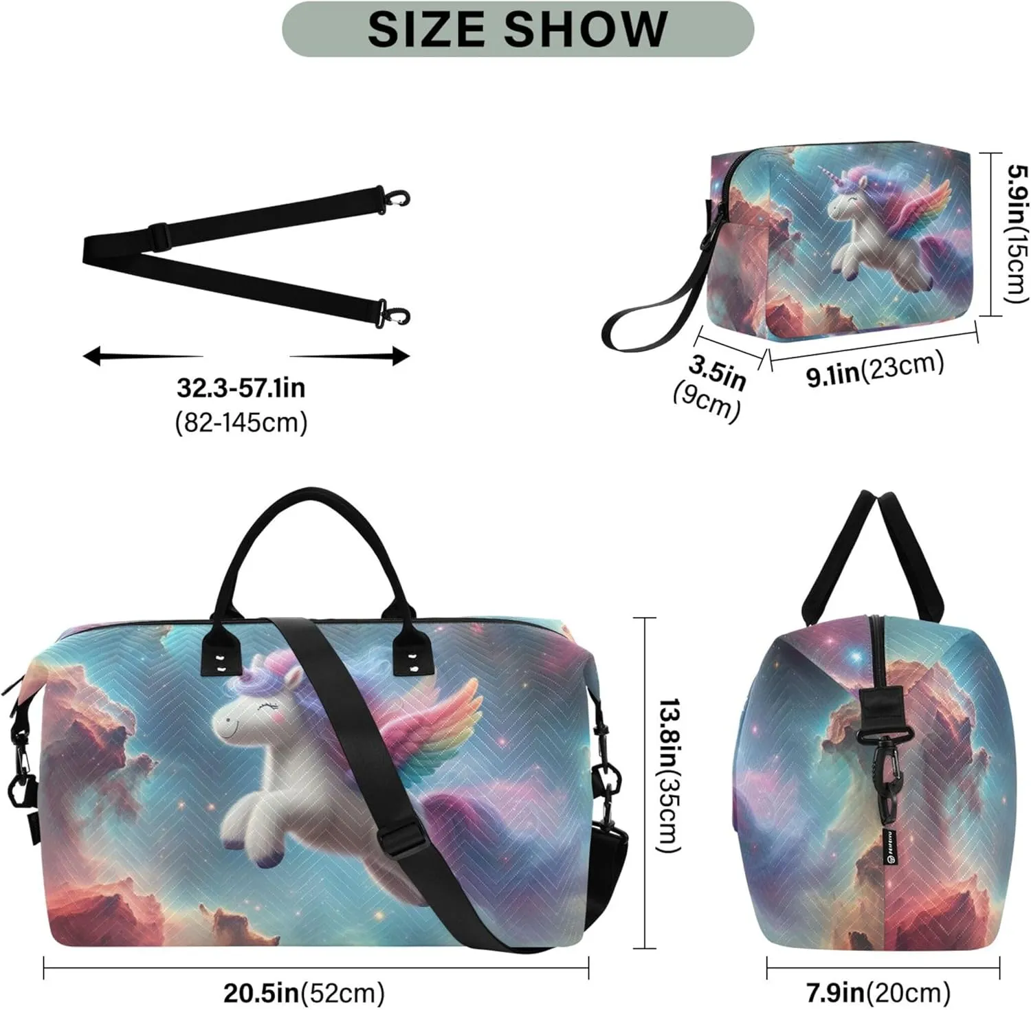 Cute Unicorn Nebula Space Duffle Travel Bag Toiletry Pouches Set of 2, Print Women Small Duffle Bag Traveling Bag