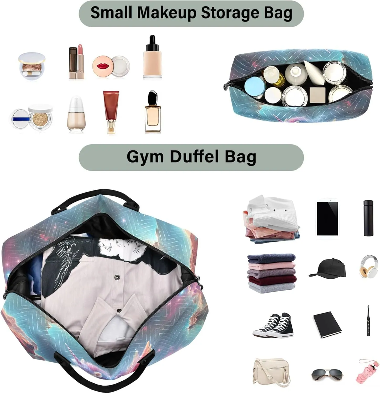 Cute Unicorn Nebula Space Duffle Travel Bag Toiletry Pouches Set of 2, Print Women Small Duffle Bag Traveling Bag