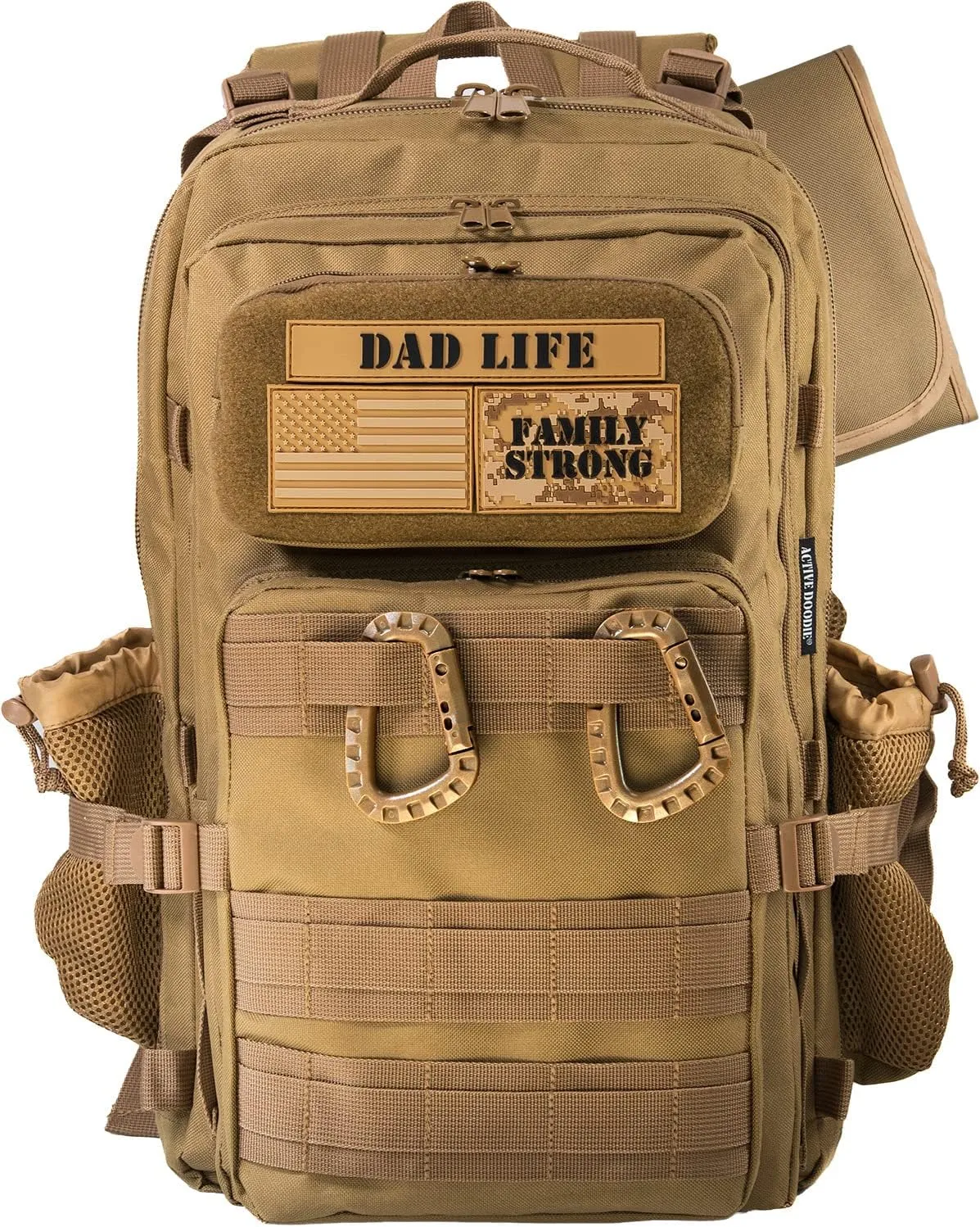 Dad Diaper Bag for Men with Removable Patches, Waterproof Tri-fold Changing Pad, Insulated Pouches, Molle Webbing, YKK Zippers, Coyote Brown