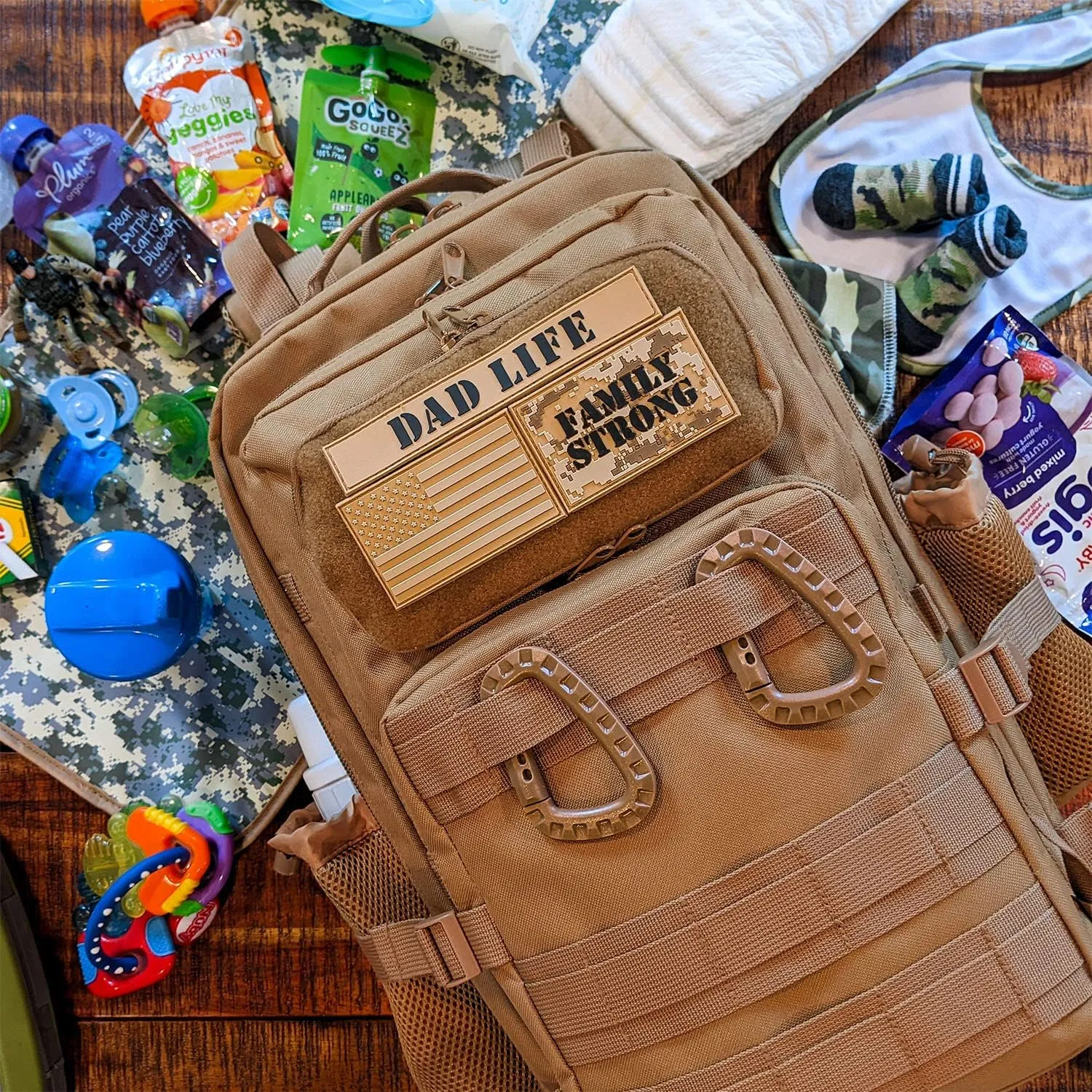 Dad Diaper Bag for Men with Removable Patches, Waterproof Tri-fold Changing Pad, Insulated Pouches, Molle Webbing, YKK Zippers, Coyote Brown