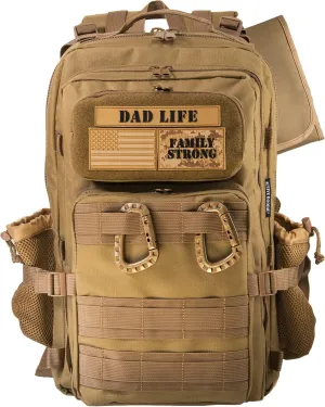 Dad Diaper Bag for Men with Removable Patches, Waterproof Tri-fold Changing Pad, Insulated Pouches, Molle Webbing, YKK Zippers, Coyote Brown