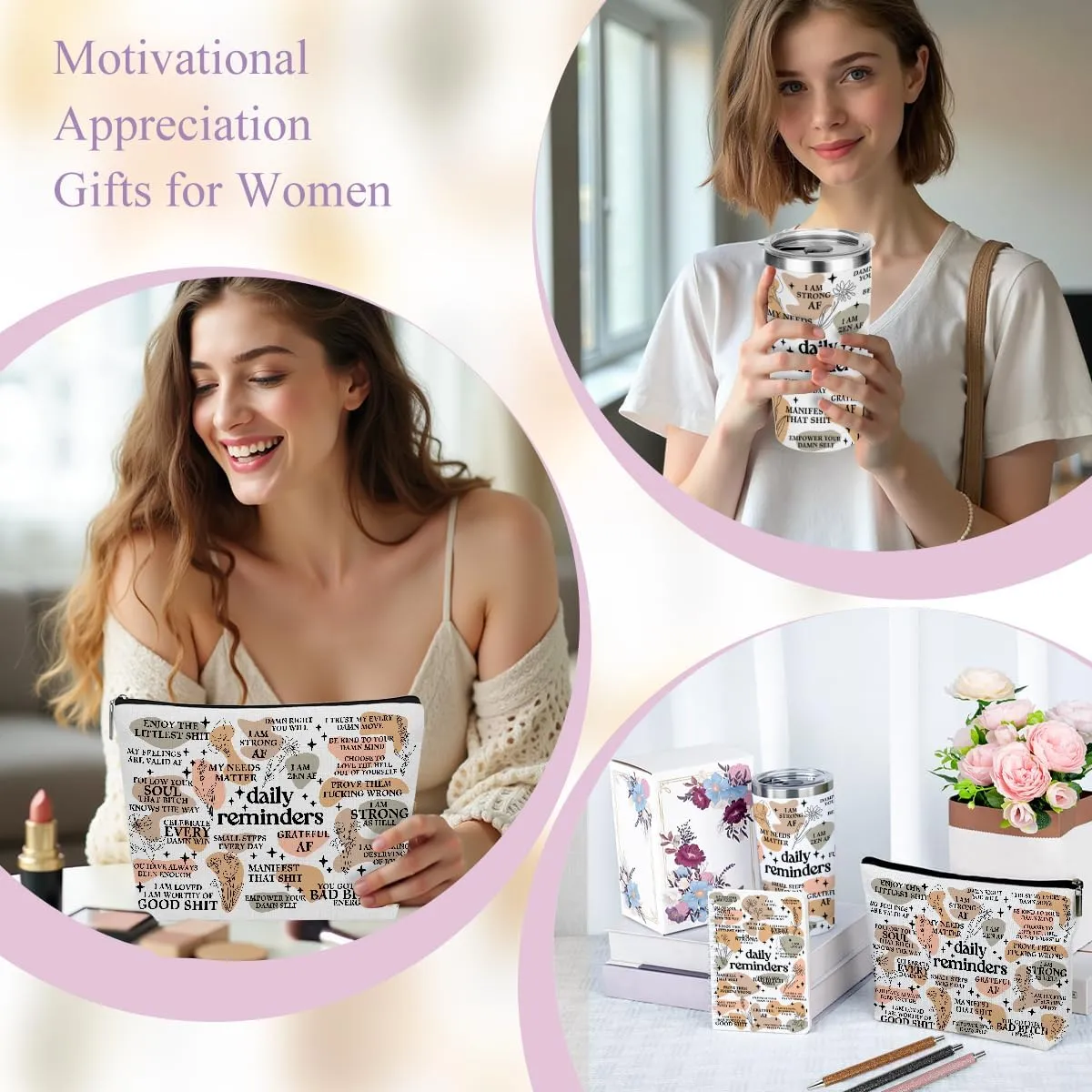 Daily Affirmations for Women Reminder Encouragement Mental Health Inspirational Gifts for Women Coworker Birthday Friendship Christmas Office bulk 20 oz Tumbler Makeup Bag Ballpoint Pen A6 Notebook