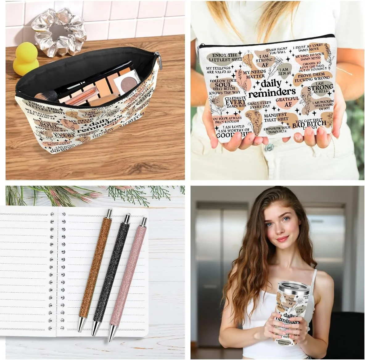 Daily Affirmations for Women Reminder Encouragement Mental Health Inspirational Gifts for Women Coworker Birthday Friendship Christmas Office bulk 20 oz Tumbler Makeup Bag Ballpoint Pen A6 Notebook