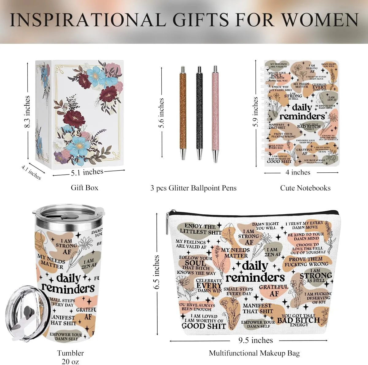 Daily Affirmations for Women Reminder Encouragement Mental Health Inspirational Gifts for Women Coworker Birthday Friendship Christmas Office bulk 20 oz Tumbler Makeup Bag Ballpoint Pen A6 Notebook