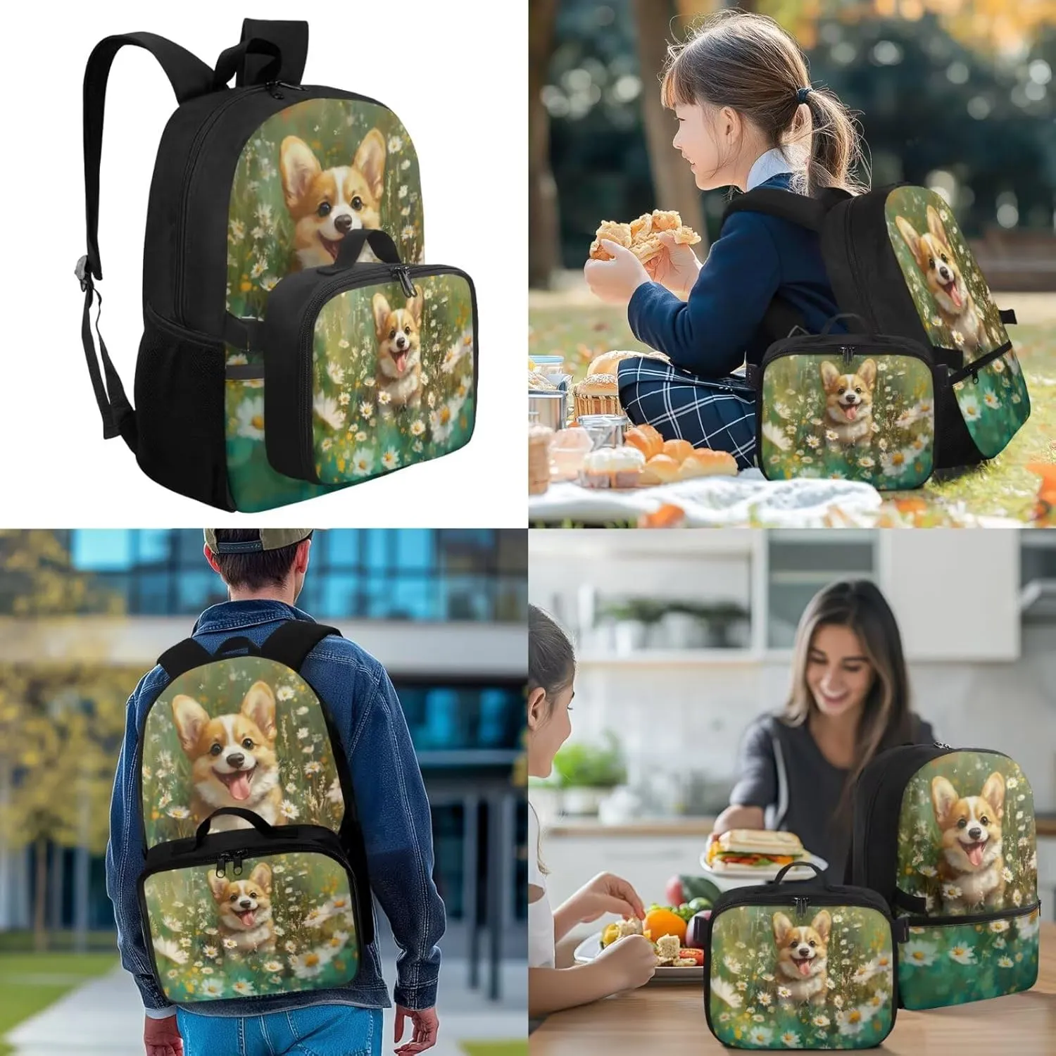 Daisy Backpack with Lunch Box for Girls Dog Backpacks Set Ages 8-10 Lightweight 17inch School Bag with Matching Accessories 4-in-1 Back to School Supplies Gifts for Girls Birthday Christmas