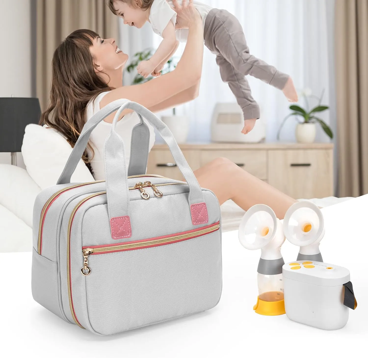 Damero Breast Pump Bag Compatible with Medela Electric Breast Pump, Carrying Bag for Pump in Style Max Flow, Freestyle Flex, Swing Maxi Pump and Parts, Light-Gray Pink (Bag Only)