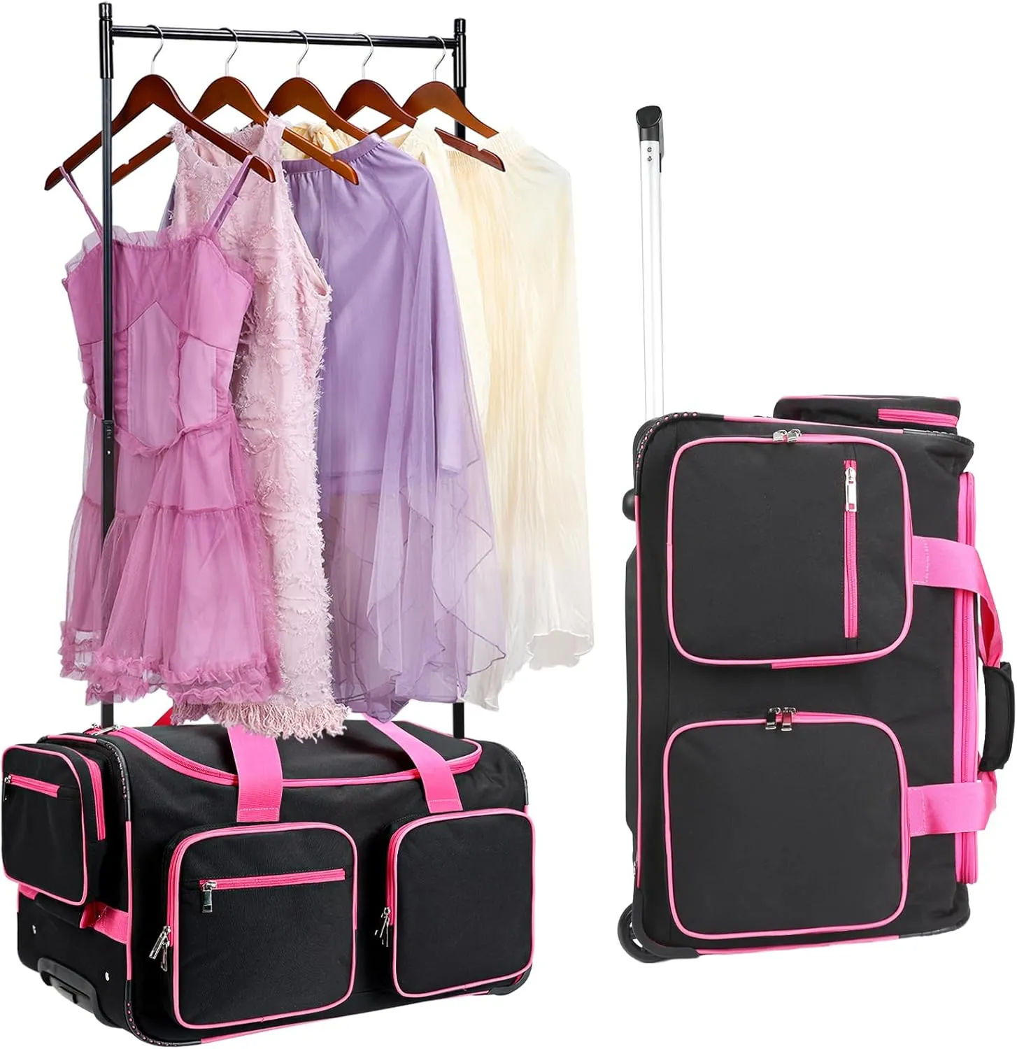 Dance Bag with Garment Rack, 23’’ Dance Costumes Duffle Bag with Wheels for Girls Rolling Garment Bag for Travel (Black)