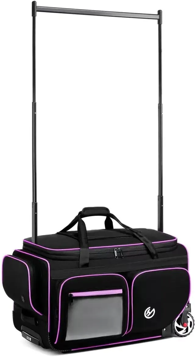 Dance Bag with Garment Rack 25"Garment Bags for Travel | Foldable Rolling Duffle with Cosmetic/ Shoes Bag Wheeled Dance Competition Luggage with Wet/Dry Separator Layer/Insulation Pocket-Black Pink