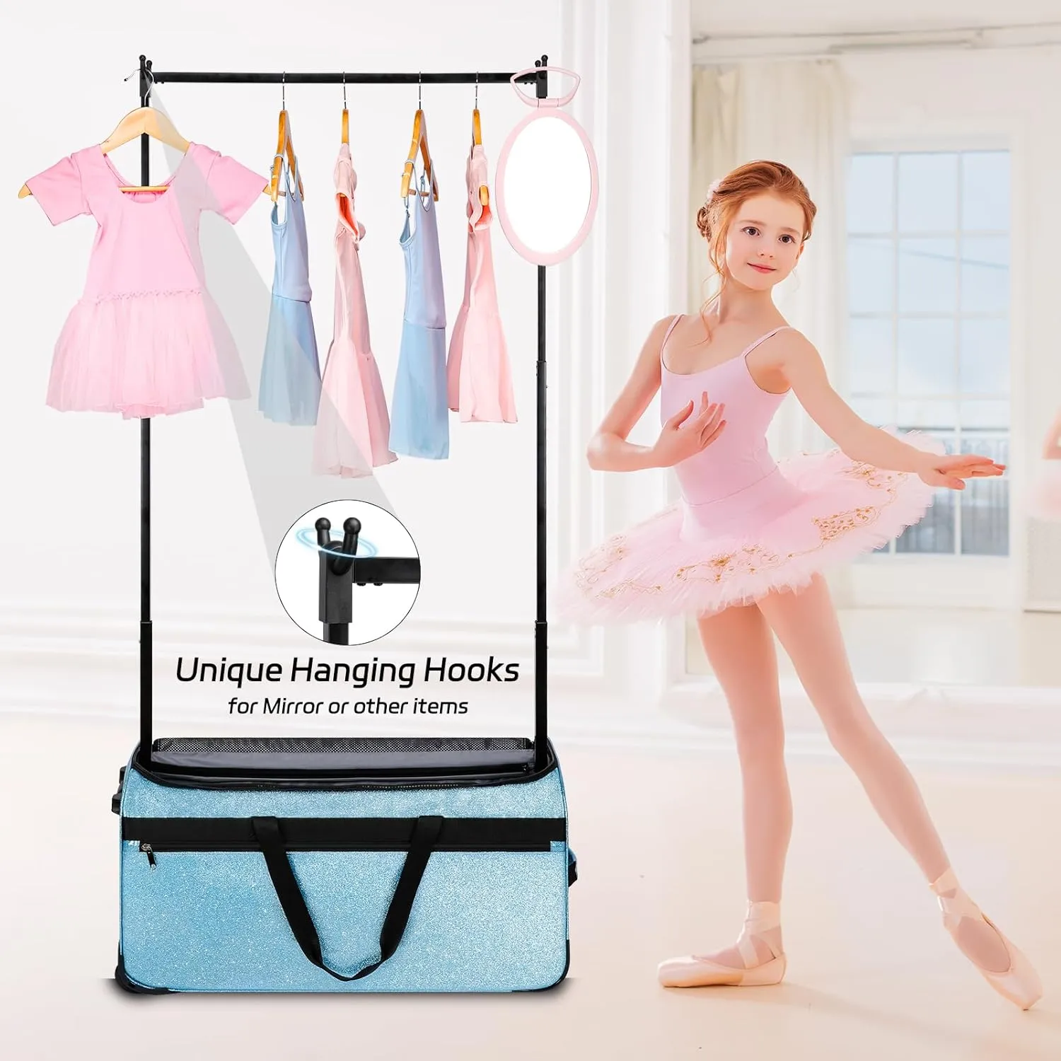 Dance Bag with Garment Rack, 29" Rolling Dance Competition Duffle Bag with Garment Rack & Silent Wheels, Collapsible Dance Suitcase for Dance Competition Shows Recitals Travel