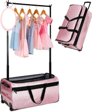 Dance Bag with Garment Rack, OMIDEL 29" Rolling Dance Competition Duffle Bag with Garment Rack & Silent Wheels, Collapsible Dance Suitcase for Dance Competition Shows Recitals Travel,Sparkle Pink