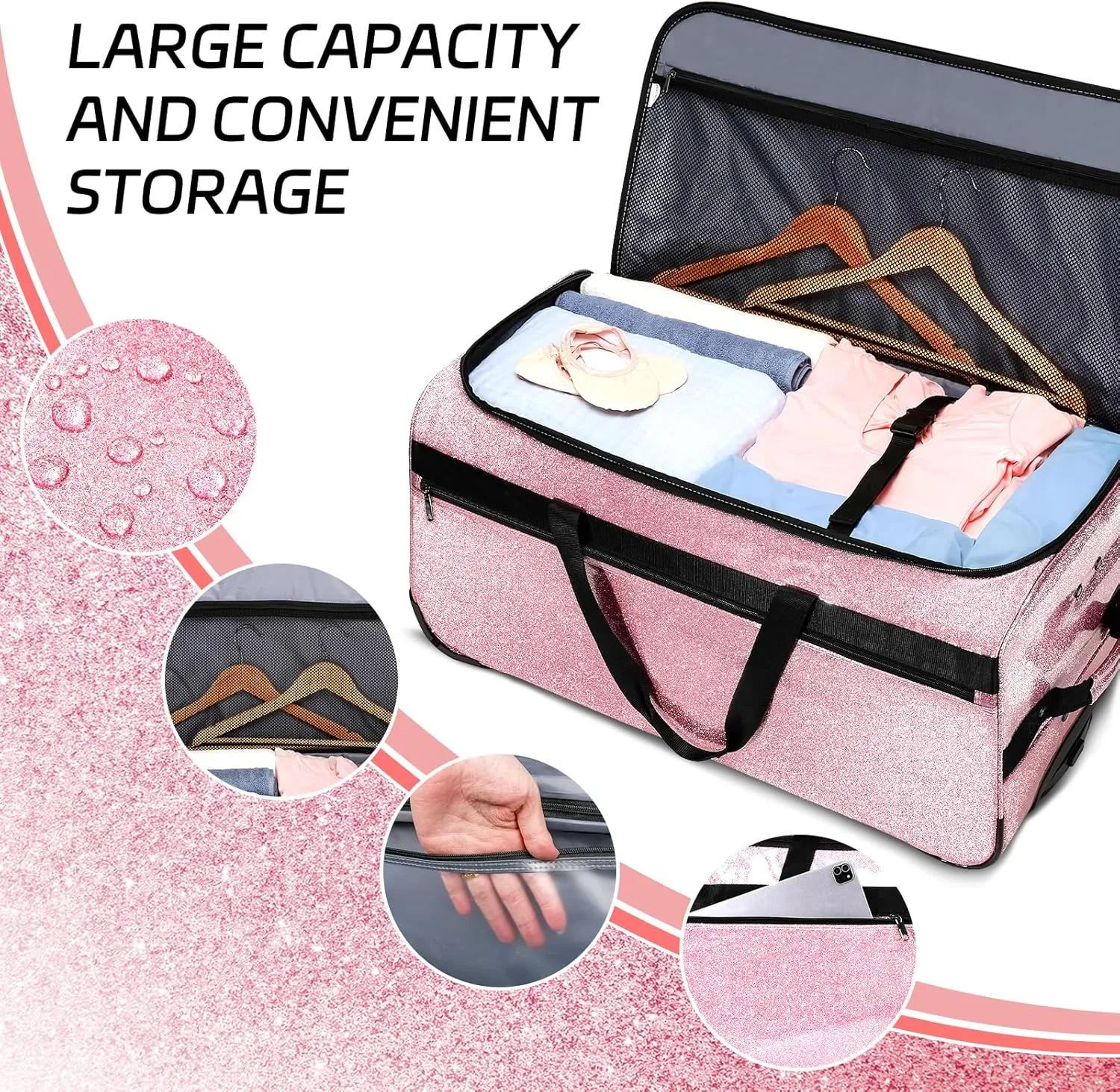 Dance Bag with Garment Rack, OMIDEL 29" Rolling Dance Competition Duffle Bag with Garment Rack & Silent Wheels, Collapsible Dance Suitcase for Dance Competition Shows Recitals Travel,Sparkle Pink