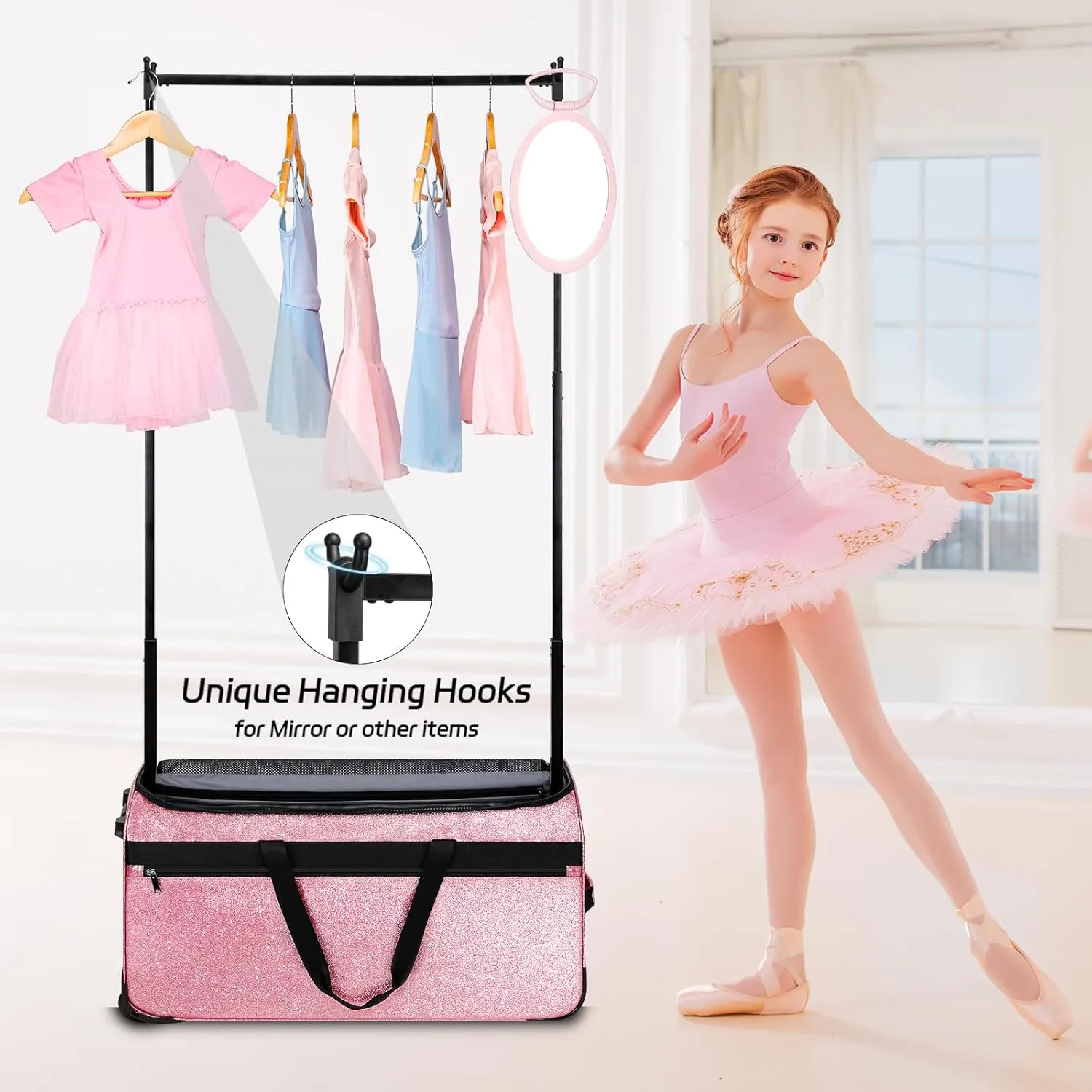 Dance Bag with Garment Rack, OMIDEL 29" Rolling Dance Competition Duffle Bag with Garment Rack & Silent Wheels, Collapsible Dance Suitcase for Dance Competition Shows Recitals Travel,Sparkle Pink